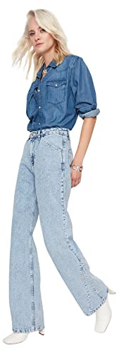 Trendyol Jeans a Gamba Larga a Vita Alta, Azzurro, 72 Donna