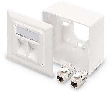 DIGITUS Set: 2-Port Netzwerkdose – 1 Stück – Mit 2x Cat6A Keystone-Modul – Auslass 45° Gewinkelt – Mit Rahmen zur Aufputzmontage – Weiß