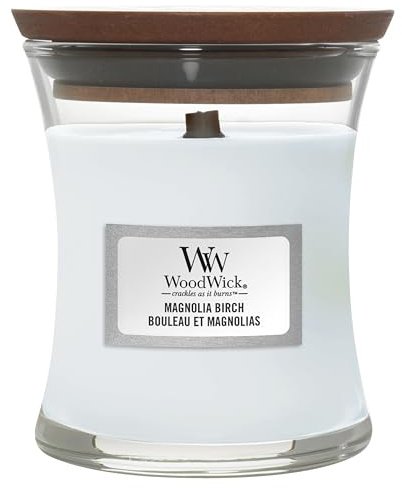WoodWick mittelgroße Duftkerze im Sanduhrglas mit knisterndem Docht | Magnolia Birch | Brenndauer bis zu 20 Stunden