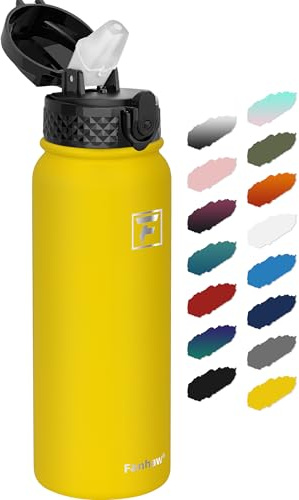 Fanhaw 600ml Stainless Steel Insulated Sports Water Bottles with Straw for Kids, Men and Women(Yellow)