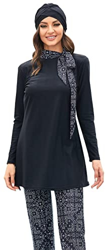 Odizli Burkini Damen Muslim Muslimische Badeanzug Frauen Islamische Arabische Lang Große Größen Langarm Shirt+Badehose+Badekappe Hijab 3tlg Modest Bademode Rashguard Schwimmanzug Schwarz #C XL
