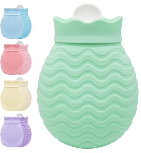 Hot Water Bottle with Knitted Cover, 320ml Small Hot Water Bag for Pain Relief, Back, Neck and Shoulders, Mini Hot Water Bottle with Removable and Washable Soft Cover, Best Gift for Women, Kids, Girls