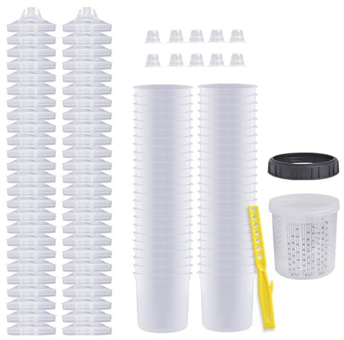 Vasos desechables para pistola de pintura HVLP, juego de 50 vasos, 50 tapas, 1 vaso duro con anillo de soporte, 10 tapones, 1 palillos mezcladores de pintura (20 onzas)
