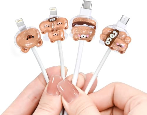 DiyGody Cute Cable Protector for iPhone/iPad/Type-C Cable, 4pcs Cartoon Charging Cord Protector Lovely 3D Brown Bear Design,Anti-Break Cord Cover, Cable Sleeve, Cable Chomper