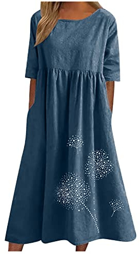 Zeiayuas Cotton Linen Dresses for Women T Shirts Summer Midi Dress Short Sleeve Round Neck Long Dress Ladies Beach Loose Solid Color Casual Dresses UK Plus Size 8-22 Blue
