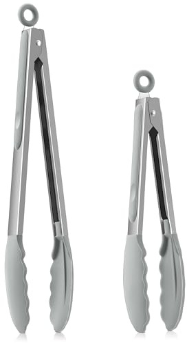 Homikit Küchenzange, Edelstahl Kochzange Grillzange 2er Set - Grau | 30,3cm & 23,7cm Fleischzange, mit Hitzebeständige Silikongriff, Antihaft Silikonspitze, zum Kochen Grillen Servieren