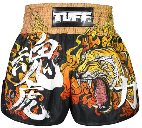 Tuff Sport Muay Thai Boxing Shorts, Retro Styles, Classic Slim Cut, MMA, Kickboxing, Workout Set (TUF-RMS111-BLK, L), Large