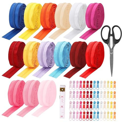 PRITOK Juego de reparación de cremallera de nailon: cremallera continua de 45 m con 60 cremalleras, 15 colores, kit de reparación de cremalleras de repuesto para costura DIY, bolsa, ropa de cama