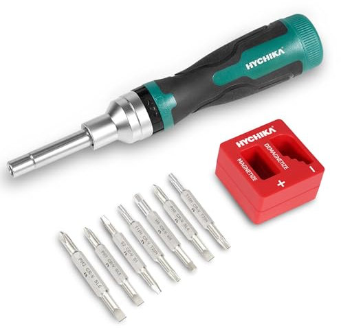 HYCHIKA 16 Piece in 1 Ratchet Screwdriver, Magnetic Ratchet Screwdriver Set All in One, Adjustable Screwdriver Set Multitool with Phillips, Slotted, Torx, Square, Hex bit and Double End Nut Driver