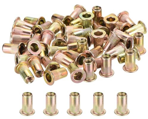 sourcing map 100Pcs Rivet Nut Flat Head, #8-32 Carbon Steel Threaded Insert Nuts Knurled Body Zinc Plated Finish