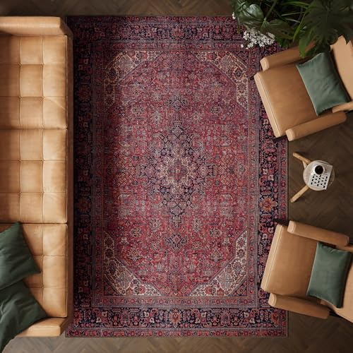 artyrugs Machine Washable Rug, 200x290cm, 75% Recycled Cotton, Short Pile, Non-Slip Backing, Non-Shedding, Suitable for Living Room, Bedroom, Kitchen, Hallway, Office, Aesthetic Crimson Red