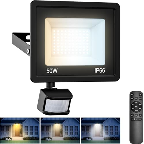 vighep 50W LED Strahler mit Bewegungsmelder Außen Fernbedienung, Dimmbar 3000k-4500k-6000K Aussenleuchte, IP66 Wasserdicht Timing-Funktion Scheinwerfer für Garten Hof Garage