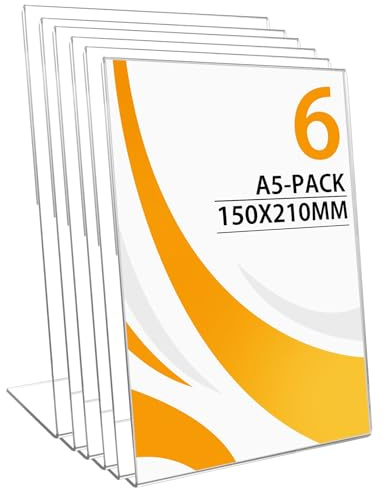 Atliberswo 6 espositori da tavolo A5 – a forma di L, in acrilico, formato A5, design trasparente, obliquo, cartelli buffet, espositore pubblicitario per ristoranti, uffici, caffetterie, mostre