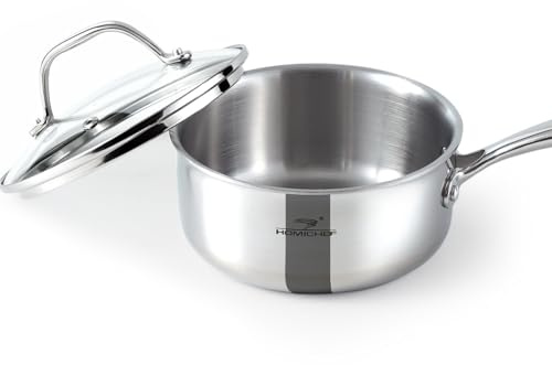 HOMICHEF 16 CM Whole-Clad 3-Ply Stainless Steel Saucepan Nickel Free - 1.4 litres Non Toxic Small Milk Pan with Glass Lid Coating Free