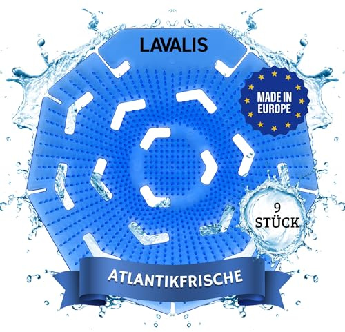 Lavalis Lot de 9 passoires à urinoir parfumées Atlantique - Protection anti-éclaboussures pour homme - Tapis d'insertion pour chaque pissoir - Effet fraîcheur de 30 jours - Rond - Bleu