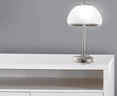 Trango LED Tischlampe DALLAS 2017-93T Stufenlos dimmbar mit Touch-Funktion - Schreibtischlampe in Nickel Matt mit Satiniertem Glasschirm - 5W LED Warmweiß – Nachttischlampe in modernem Design