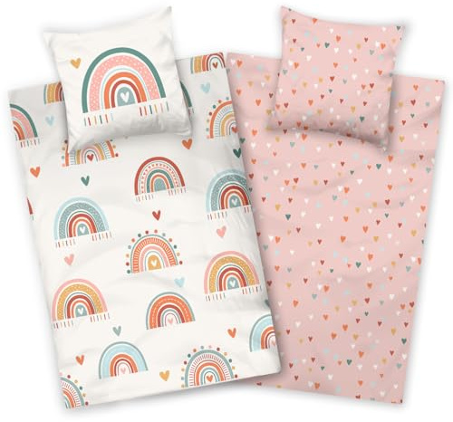 Aminata kids sängkläder barn 135 x 200 flickor regnbåge och hjärtan motiv bomull med dragkedja tonåring rosa vit – vändbara sängkläder enhörning