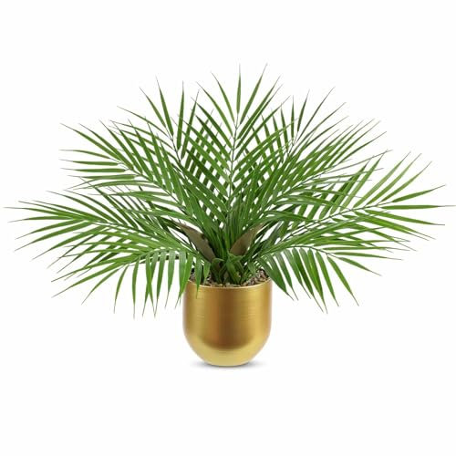 Briful Fake Plant 15.7’’ Artificial Palm Plant in Gold Pot Real Touch Faux Tropical Palm Tree Houseplant for Home Indoor Living Room Tabletop Balcony Decorations