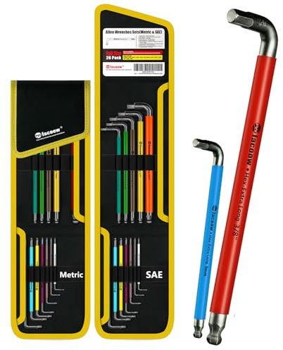 Facoow Allen Wrenches Sets, 26pcs Full Size SAE & Metric Hex Key Set with Tool Organizer Bag, Heavy Duty Extra Long Arm Allen Wrenche Sets, Ball End Allen Keys, Color Coded Premium Allen Wrench Set