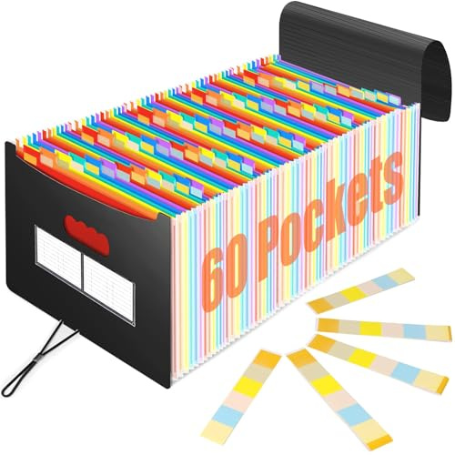 AFMAT File Organiser Box 60 Pockets,Portable Expanding File Folder,Accordion File Organiser A4,Document Organiser File Wallet with Blank Labels,Bill Receipt Paperwork Organiser for Home School Office