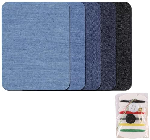 WOLMIK 5 Stück Flicken zum Aufbügeln mit Nähset, Stoff-Reparaturflicken für Kleidung, Schuhe, Jeans, Hüte (Schwarz, Blau)
