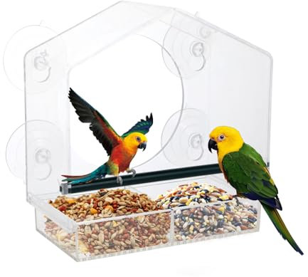 Mangiatoia per Uccelli - Mangiatoia per Uccellini da Esterno - Casetta per Uccelli Trasparente con Ventose Resistenti e Posatoio - Distributore di Cibo per Uccelli per Vetro Finestra - 21,5x20,5x10 cm