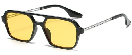 qinqilanqi-S Trendy Vintage 70s Square Sonnenbrille für Frauen und Männer Metall Design, Double Bridge UV-Schutz (Schwarz/Gelb)