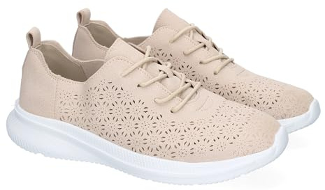 91115 Zapatilla Deportiva de Mujer Casual, Diseno Calado Moderno y Elegante, Material Ligero Comodas, Ideales para el Dia a Dia con Cierre de Cordoneras. Beige Talla 39