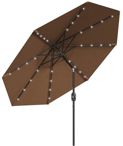 Outsunny Sombrilla Terraza Exterior Ø265 cm Sombrilla de Jardín con 32 Luces LED Solares Poste de Acero y Manivela Parasol Inclinable para Patio Terraza Marrón