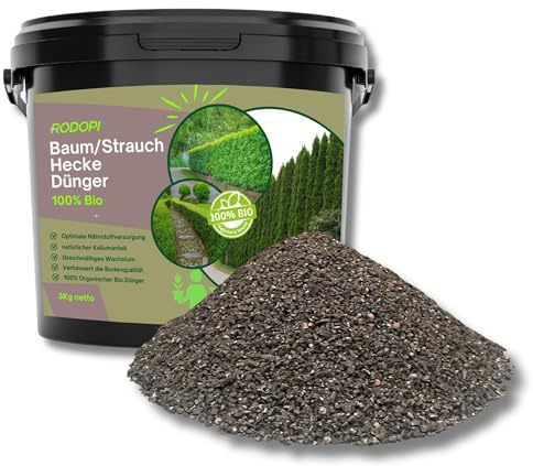 Rodopi Bio-Baum Strauch Hecken Dünger Granulat – 3 Monate Langzeitwirkung – 100% pflanzlich & vegan – Organischer NPK-Dünger 7-3-8 mit Eisen 3kg