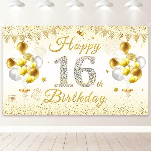 PartyYaa Cartel de decoración de cumpleaños número 16, cartel de fondo de feliz cumpleaños número 16, cartel de decoración de cabina de fotos de fiesta extra grande para niñas y niños