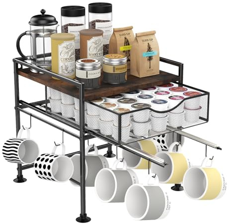 Kssiaz Tassen-Halter, Kaffeestation mit Großvolumiger Aufbewahrungsschublade und Ausziehbaren Haken, Becherständer Wandmontage für 10 Tassen, Kaffeebar-Organizer für Küche, Haus, Vintage Braun+Schwarz