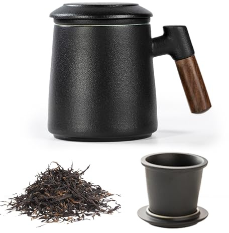 Taza de té con tapa y colador, 400 ml, mango de madera, tazas de té de cerámica mate con colador de té y tapa, taza de té con colador de té para amantes del té, esmalte negro rociado a mano para