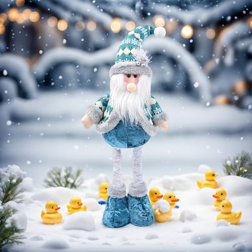 Adjustable Standing Christmas Figures Blue Xmas Ornament Snowman Reindeer Santa Claus with Stretchy Legs Plush Figurine Telescopic Legs Xmas Party Ornament for Holiday Xmas Season Decor Gifts