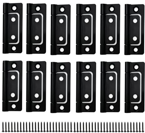 12PCS Flush Hinges 2 Inch,Black Door Hinges with Fixing Screws,No Mortise Hinges for Cupboard Doors,Wooden Doors,Drawer,Windows, Boxes