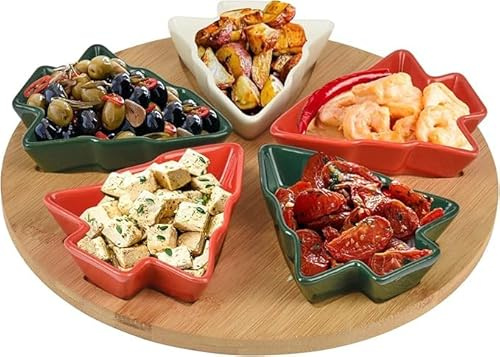 Plats de service rotatifs en céramique en forme de sapin de Noël avec plateau en bois, bonbons, noix, dessert, plateaux de service alimentaires, assiettes à fruits colorés, fournitures de table pour