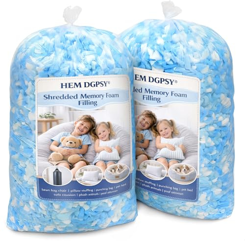 Hem Dgpsy 10lbs Shredded Memory Foam Filling, Blue and White Bean Bag Filler, Soft Pillow Stuffing Refill for Punching Bag, Couch, Cushion, Dog Bed, Pouf, Arts and Crafts