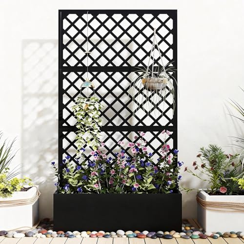 Zezgeuro Metal Raised Garden Bed with Trellis, Privacy Screen Planter Box for Climbing Plants, 40 x 12 x 71 Inches, Outdoor Standing Flower Bed with Drainage (Diamond)