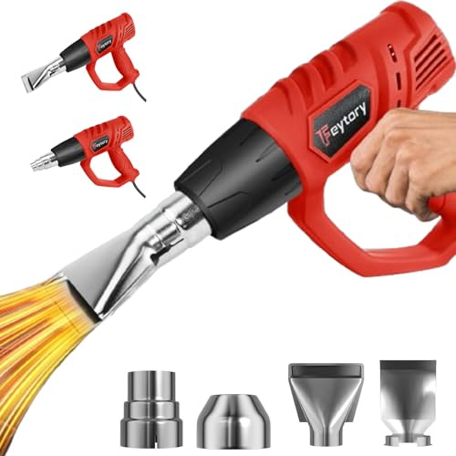 2000W Heat Gun with 4Nozzles, Professional Electric Hot Air Gun with 2 Temperature Settings 300℃ & 600℃, Overload Protection, 1.5s Fast Heating, for Paint Stripping, Shrinking PVC, DIY Crafts, Red