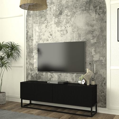[en.casa] TV Schrank Verpsboga Lowboard mit 2 Türen 3D-Front Fernsehschrank langes Gestell aus Metall 135 x 32 x 47 cm Sideboard Kommode Fernsehtisch Schwarz