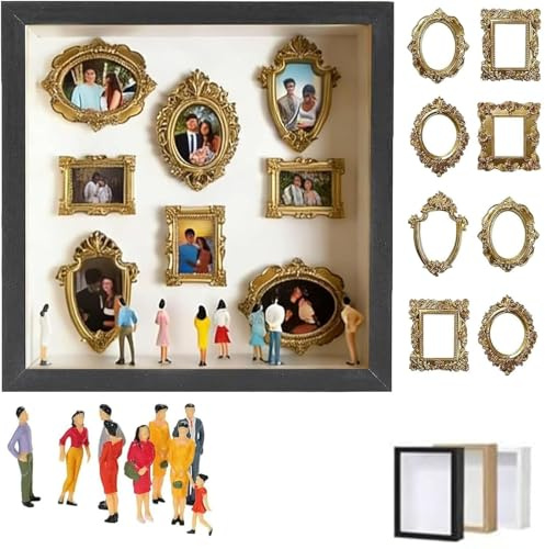 Mini caja de silueta de museo, kit de caja de sombra personalizada con mini marcos y figuras doradas, exhibición creativa de fotos para aniversario, boda o recuerdo de parejas (negro)