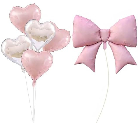 6 stycken rosa rosettballonger, stor rosettballong, rosa och silver hjärtballonger, rosett temafest dekorationer för födelsedag, bröllop, förlovning, festdekoration