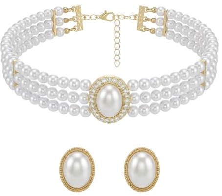 Ymapinc Pearl Necklaces for Women, Vintage Choker & Earring Set, Big Pearl Statement Jewellery, Classic Chokers Jewellery Sets for Wedding Prom Party Costume Gift