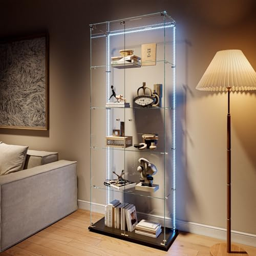 belupai Vitrinen mit 5 Einlegeböden 78.5x34.5x186.5cm,Vitrine auf Fuß aus Glas mit 2 Türen,Sammlervitrine für Bücher mit Schloss,transparent Glasvitrine Standvitrine,Aufbewahrungsschrank aus Glas