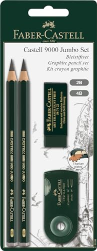 FABER-CASTELL - Bleistifte Set Castell 9000 Jumbo mit Zubehör 4-teilig | Mit 2 Jumbo Bleistiften, Radierer und Spitzdose für Schreiben, Skizzieren und Zeichnen