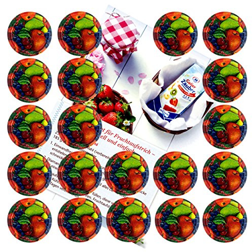 20er Set Deckel To 82 Obst Dekor passend für 230ml / 350ml / 435ml Gläser incl. Diamant-Zucker Gelierzauber Rezeptheft