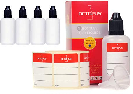 5 Tropfflaschen à 50 ml aus LDPE mit Tropfverschluss schwarz, mit Trichter | Für Tinten, Farben, Öle, Kosmetik und Liquids, flexibles Material erleichtert Mischen, Abfüllen und Dosieren