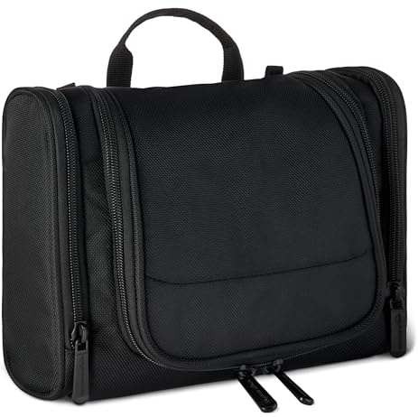 Amazon Essentials Spacious Toiletry Bag, Hanging Cosmetic Dopp Kit with Multiple Compartments, Durable Polyester, Large Capacity Storage, Compact Design, Black (Previously Amazon Basics)