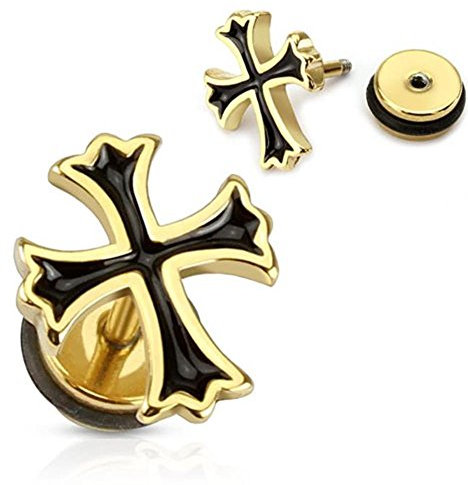 Paula & Fritz® Fake Plug aus Edelstahl Chirurgenstahl 316L vergoldet Kreuz mit...