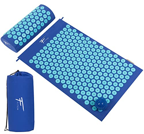 Fitem - Kit d'acupression - Relaxation Musculaire - Tapis, Coussin fleur, Sac, Boule de Massage, Soulage douleurs Dos et Cou. (Bleu-Turquoise)